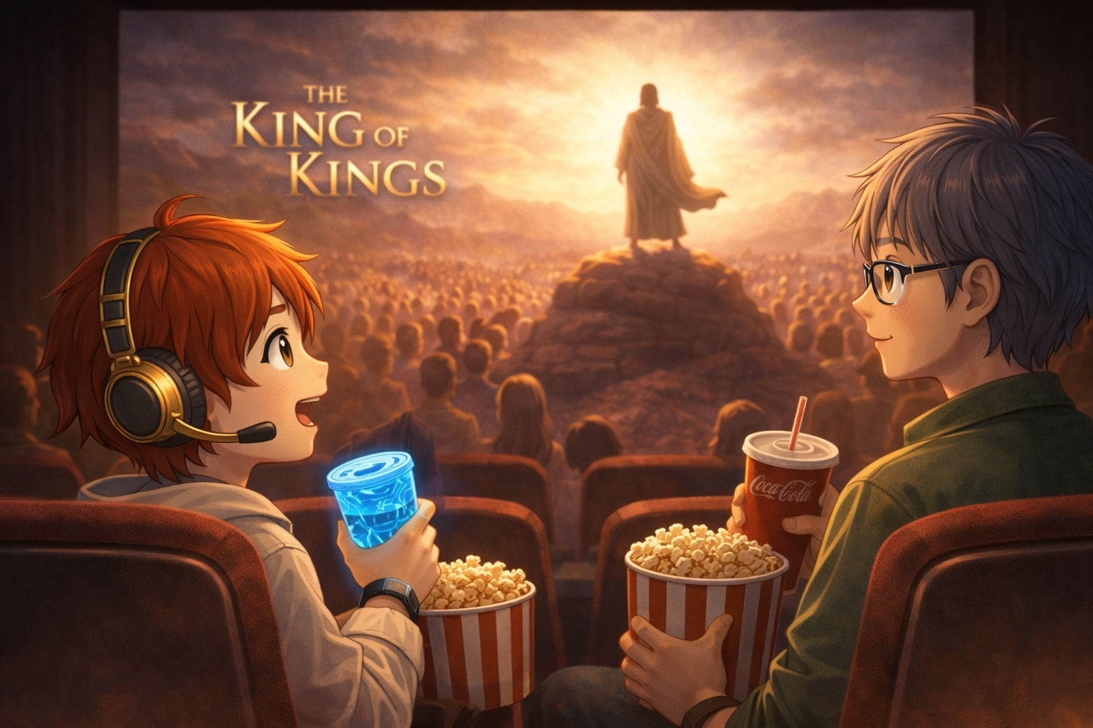 映画館ですてぱのとさいとうさんが『キング・オブ・キングス』を鑑賞するイラスト