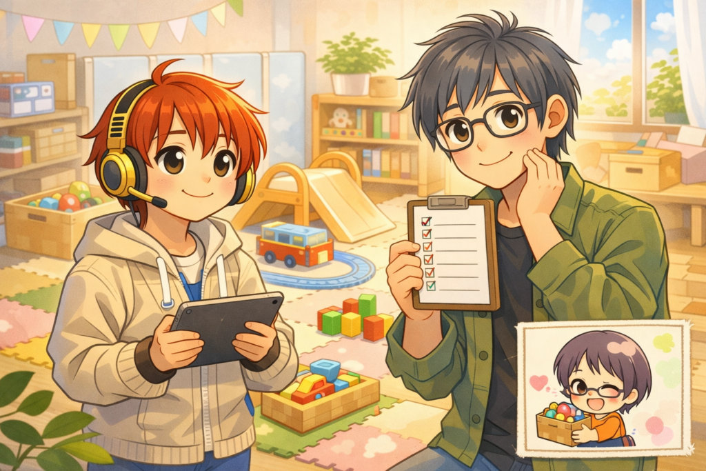 子育てひろばなぎの準備をするすてぱのとさいとうさん